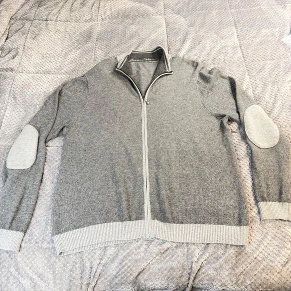 Tommy Bahama Mens XL Gray Cashmere blend Full Zip Sweater Elbow Patches Mockk - Picture 2 of 11